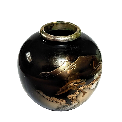Mount Fuji schwarz gold & silber geätzte japanische Chokin Emaille Messing Vase 2,5" - Bild 5 von 9