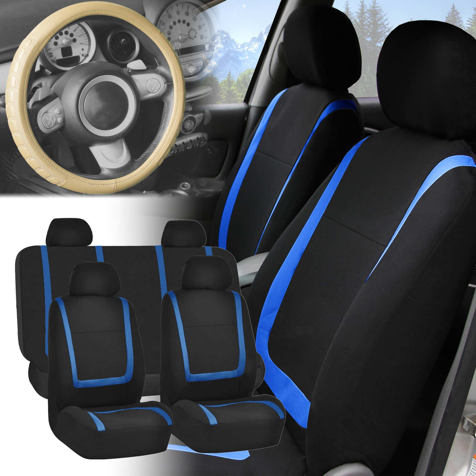 FH Group Universal Fit Cloth Car Seat Covers for SUV w/ Steering Wheel Cover