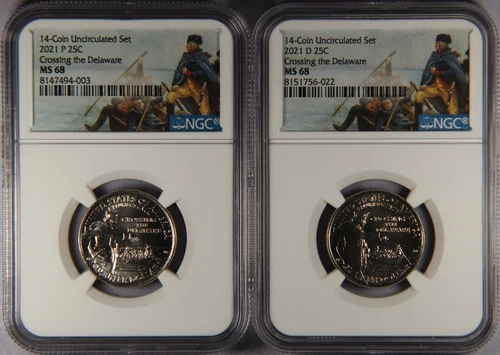 2021-P, -D Set Washington Quarter NGC MS68 Crossing the Delaware 14-Coin Unc Set