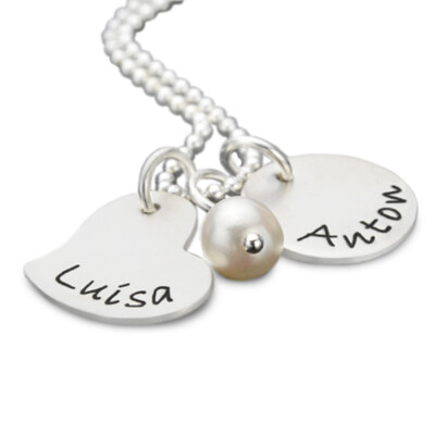Partnerkette Gravur YOU & ME 925 Anhänger Herz Perle Partnerschmuck Namensgravur