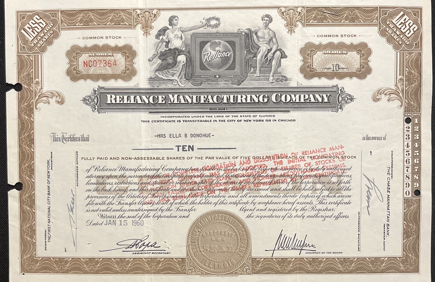 1960 Reliance Mfg. Co. Stock Certificate #NC07364, (Chicago, IL)