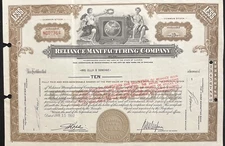 1960 Reliance Mfg. Co. Stock Certificate #NC07364, (Chicago, IL)