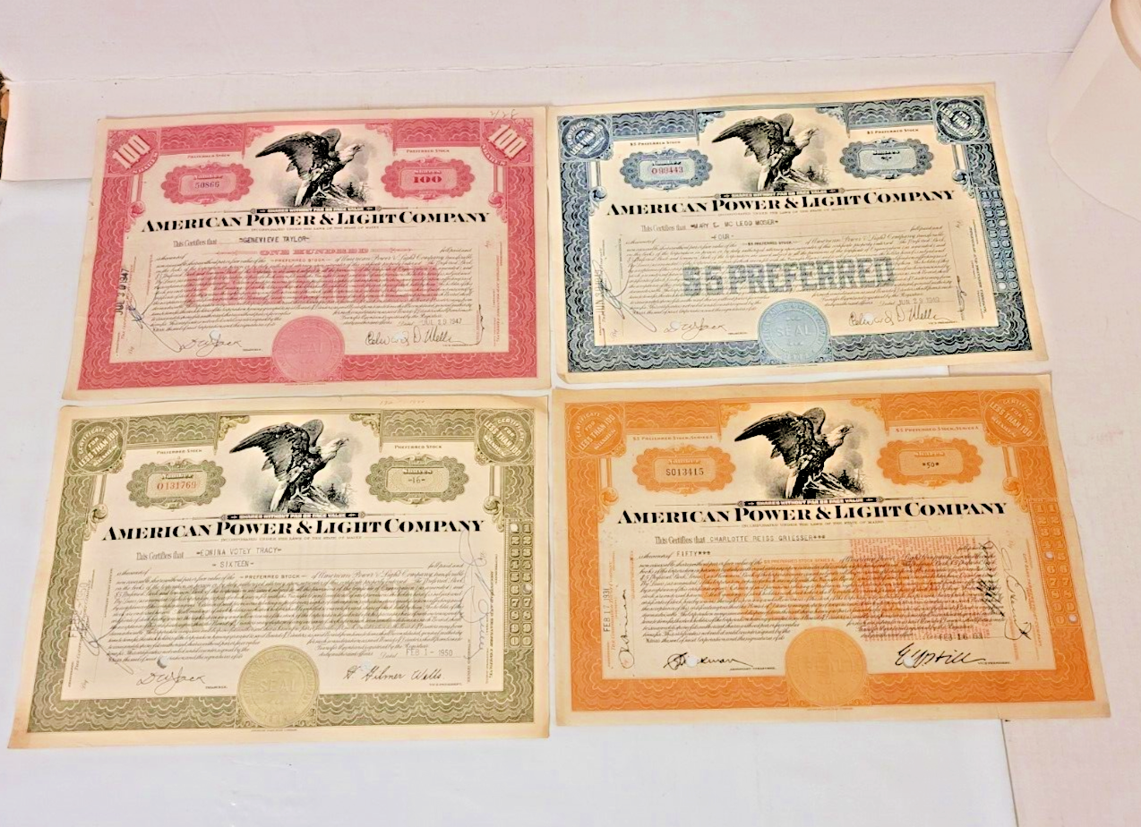 (4) Different American Power & Light Company Stock Certificates Electric Utility