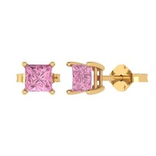 1.5ct Princess Fancy Pink CZ Classic Stud Earrings 14k Yellow Gold Push Back