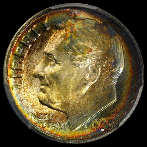 1958 10C Roosevelt Dime PCGS MS-66 RAINBOW TONING