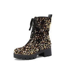 Womens Sequin Combat Boots Lace Up Chunky Heel Mid Calf Boots Goth Party Shoes