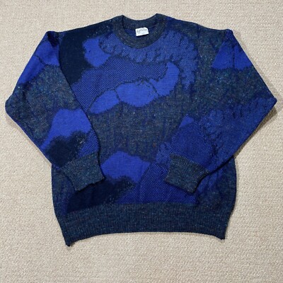VINTAGE 80er Pullover Herren mittelblau Abstrakte Kunst Rave Wollmischung Sweater
