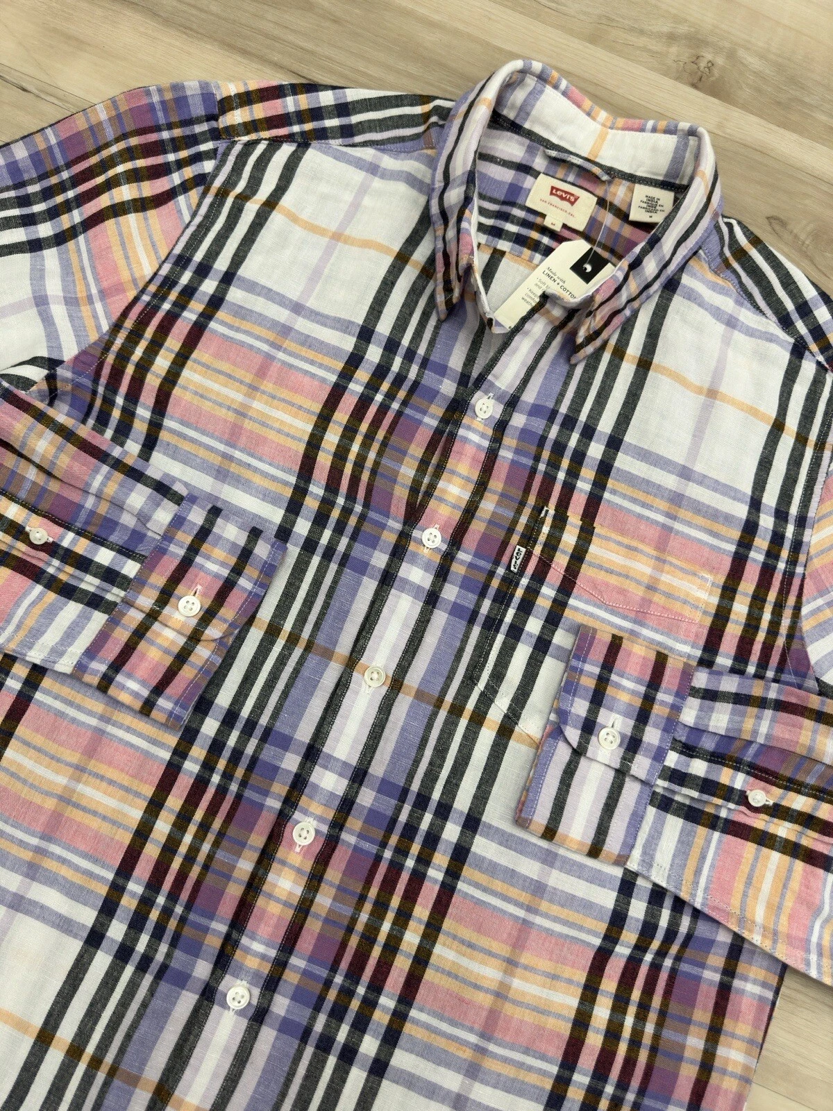 Levis Linen Blend Long Sleeve Button Down Shirt Mens Medium Plaid