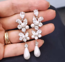 Long White Pearl Stud Earrings Flower Statement Earrings Clear Cubic Zirconia