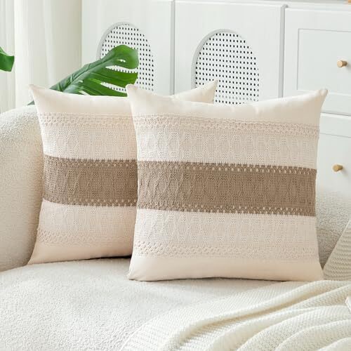 Throw Pillow Covers 22 x 22 Inch, Burlap Textured Striped 22 x 22-Inch Khaki-image