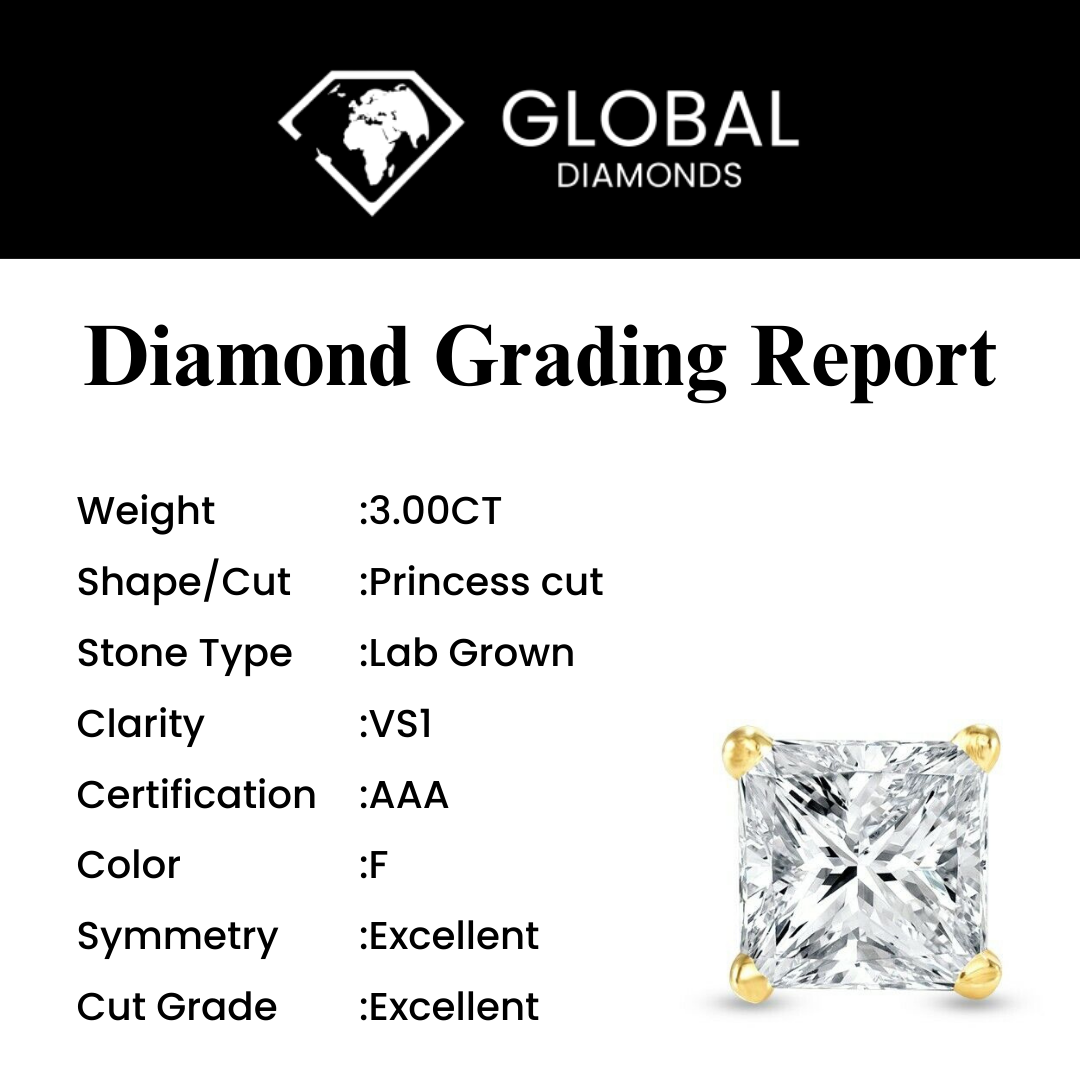 Certified 3.00 Carat F VS1 Princess Lab Diamond Screw Back Studs 14K