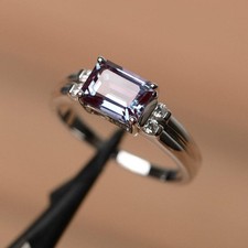 Rectangle cut alexandrite ring emerald cut engagement ring sterling silver ring