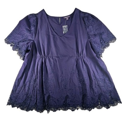 Roamans Top Womens 24W Blue Eyelet Floral Embroidered Boho Flutter Sleeve Blouse