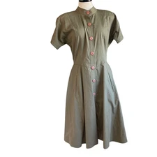Le Crillon Womens Cotton Button Front A-line Dress Size 6 Khaki Tan Vintage
