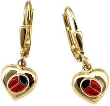 Earrings Ladybug Heart Gold 333 Lacquer Children's Earrings Dangle Yellow Gold