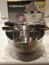 CALPHALON Stainless Steel SERVING BOWL w/Tongs & Pasta Fork NEW IN BOX