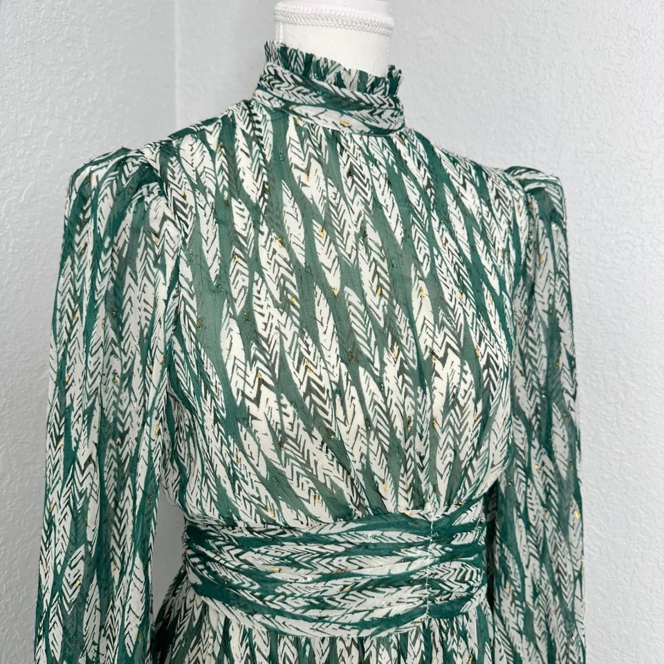 Nuevo sin etiquetas Mini Vestido Estampado Plumas Verde Aqua Manga Larga Cuello Alto Fiesta Cóctel Foto 2 de 4