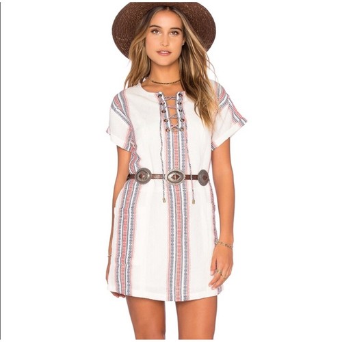 Tularosa Warren Tunic Shift Cream Dress Beatnik StripeLaceUp Front Grommets XS