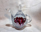 Vintage Gibson Art Glass 1999 Teapot Paperweight / Ring Holder Burgundy Lilies — photo 1