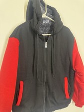Men  s Fleece Lined Zip Up Jacket Large Red  Black EUC Winter Warm Cozy