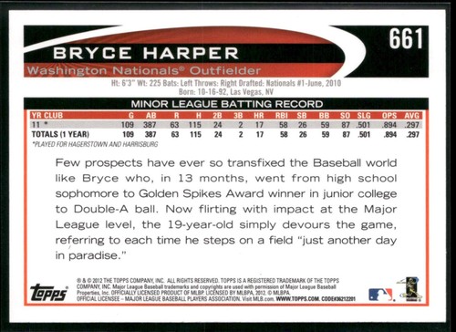 2012 Topps BRYCE HARPER RC Rookie #661 NATIONALS PHILLIES K992 - Picture 2 of 3