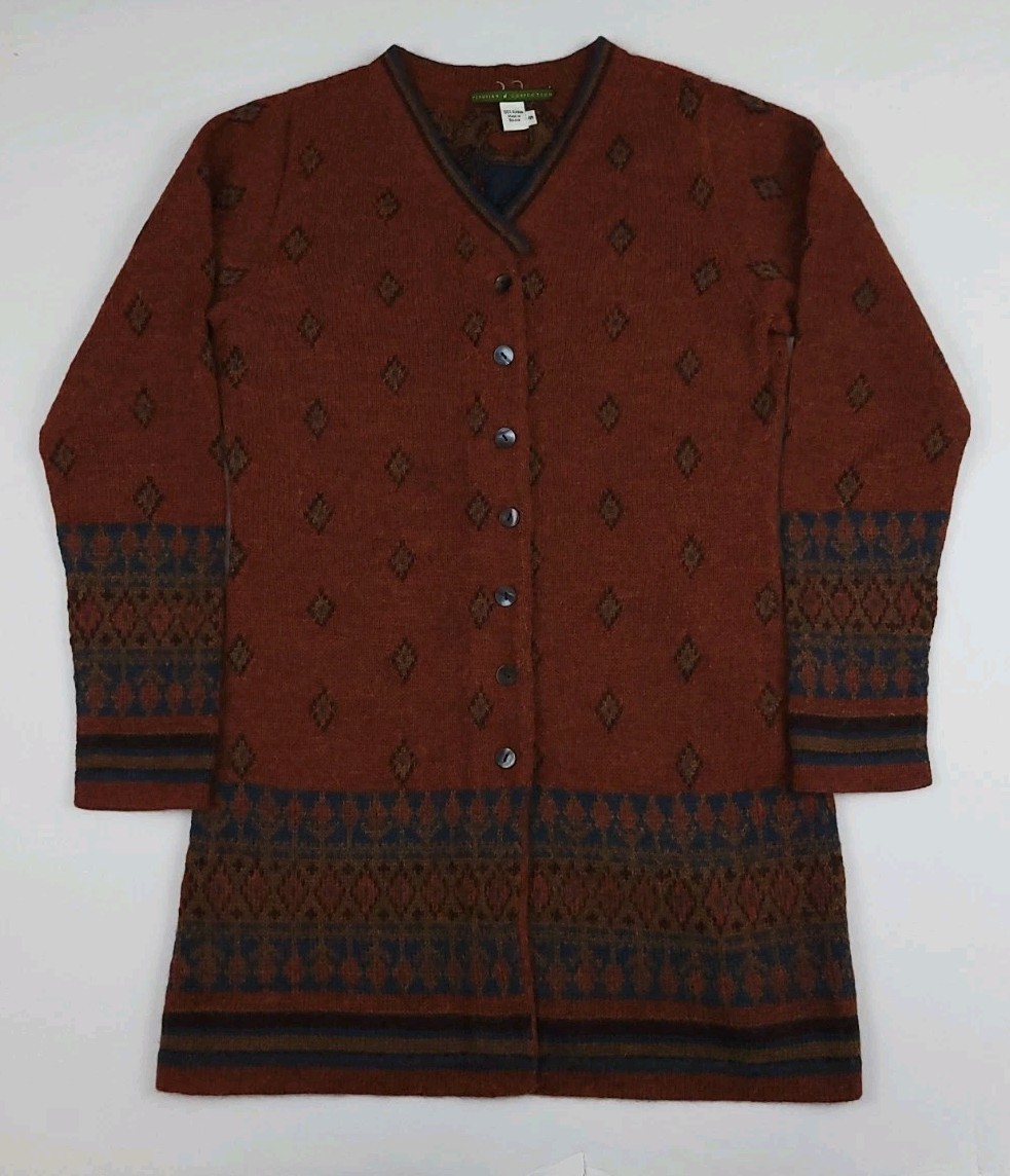 Vintage Peruvian Connection 100percent Alpaca Knit Cardigan Sweater Pattern Rare Sz S