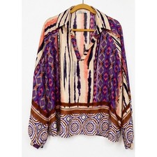 Tempo Paris Silk Blend Boho Ikat Print Blouse Purple Tan XL Made in Italy 7365