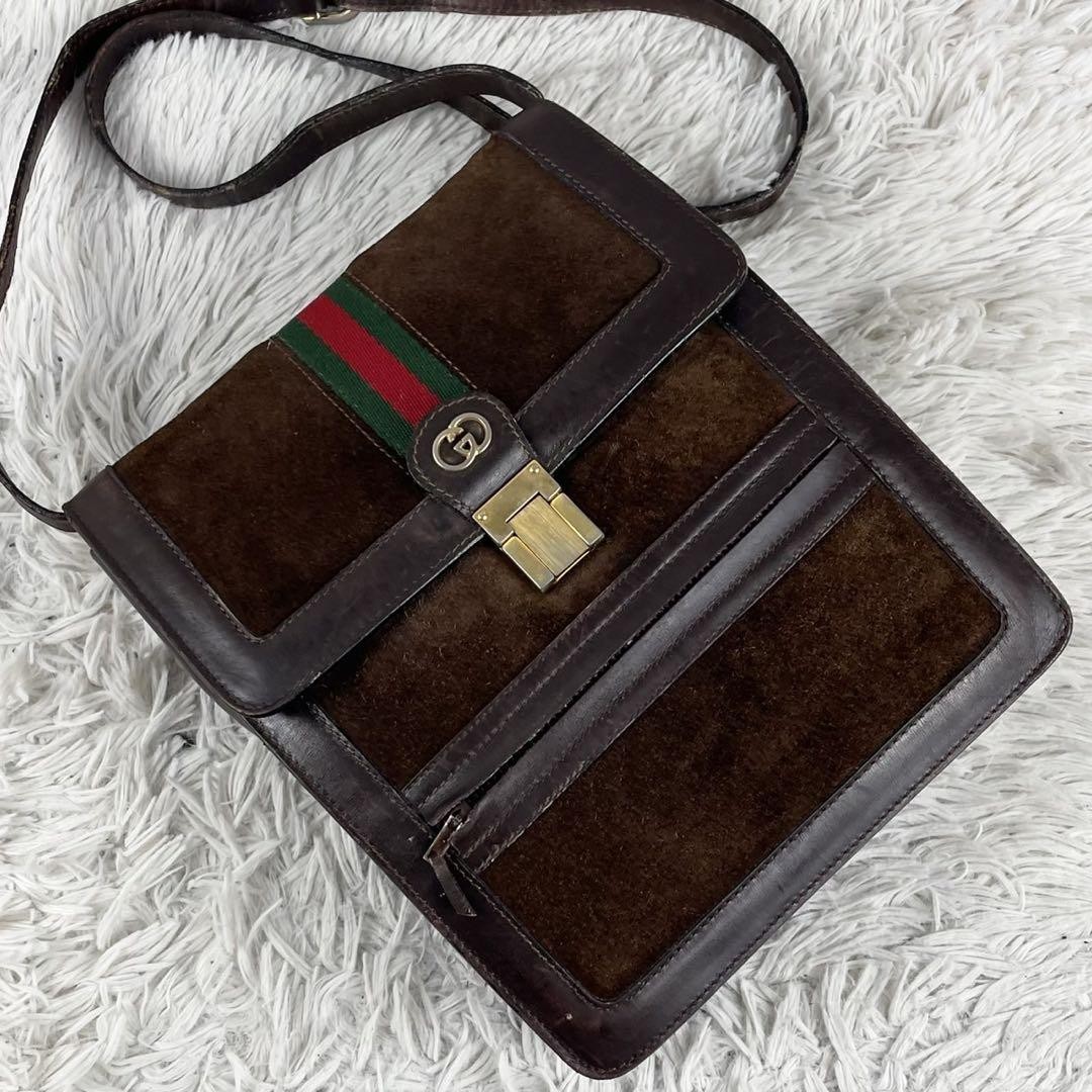 Gucci Sherry Line Brown Leather Suede Shoulder Bag 9.3x7.9in Pre-Owned