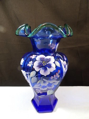 Fenton Cobalt Blue Glass Hand Painted Vase Green Crest White Flowers FACTORY 2ND