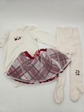 Vtg Disney Baby Girl holiday Outfit 6 month Tights Plaid Skirt Roses Long Sleeve