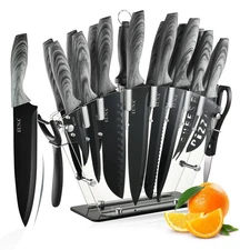 Knife Block Set, 19 PCS Kitchen Knife Set with Acrylic Block and Sharpener, G...