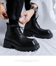 Men's Square Toe High Chunky Heels Leather Shoes High Top Western Short Boots Sz