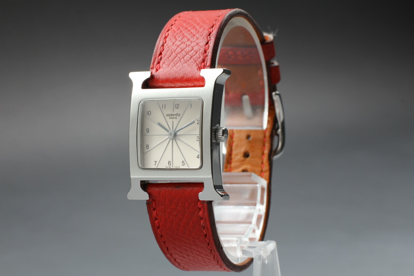 Boxed [Near Mint] HERMES H Watch HH1.210 Textured Dial Red Belt Quartz Women's image 6