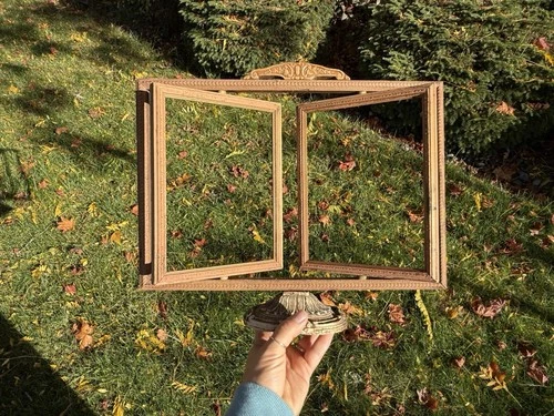 Large Antique Swivel ArtDeco Wooden Double Picture Frame Tilt Swing Photo Holder