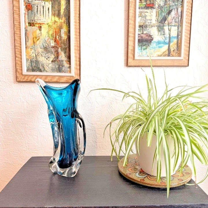 Chalet Signed Teal Sommerso Glass Vase - Hand-Blown Mid-Century Canadian - Image 2 of 4