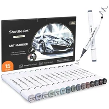 Shuttle Art 15 Colors Grey Tones Dual Tip Art Marker, Alcohol Based Marker Pe...