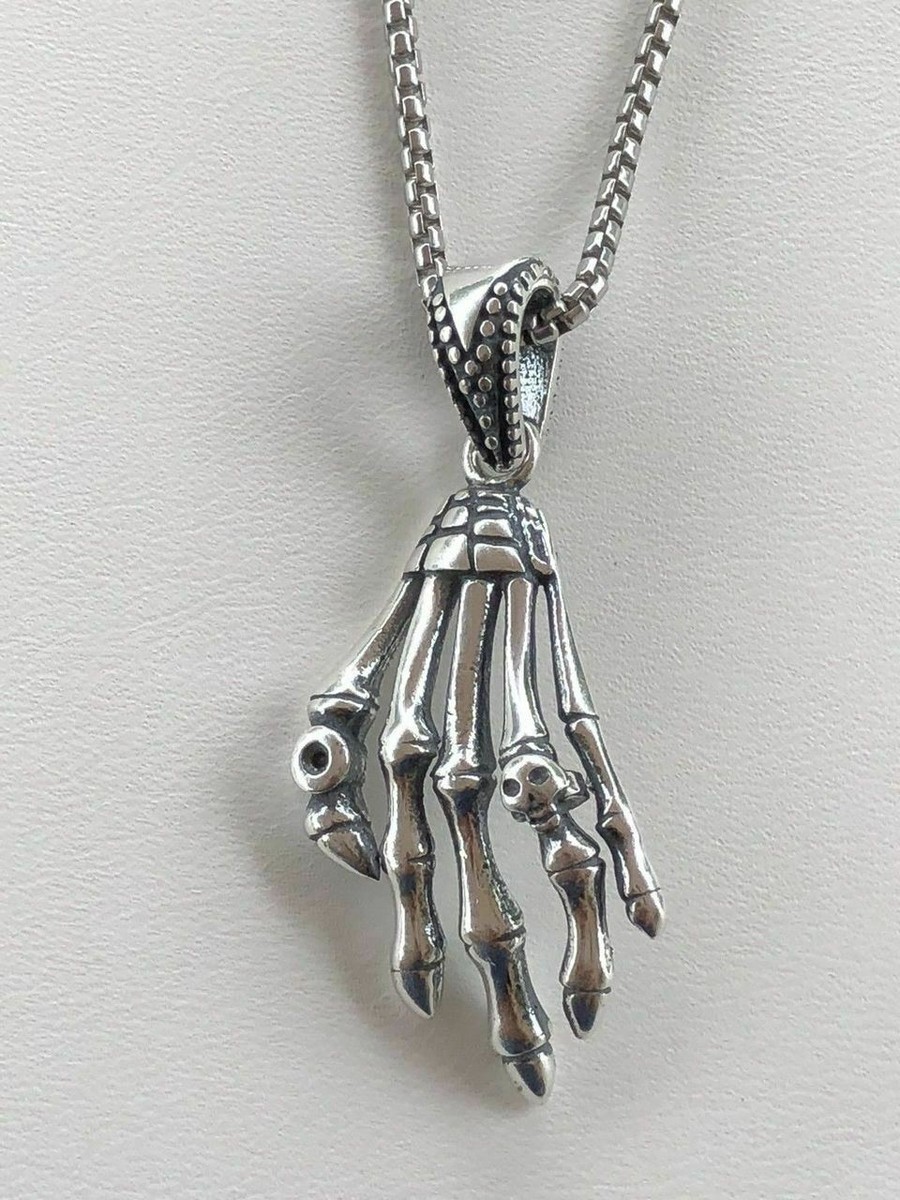 Solid 925 Sterling Silver Skeleton Hand Skull Mens Biker Goth 
