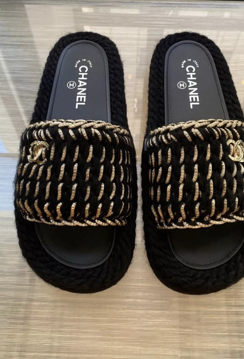 Chanel Black Braided Knit Tweed Logo Sandals Slides Mules eBay
