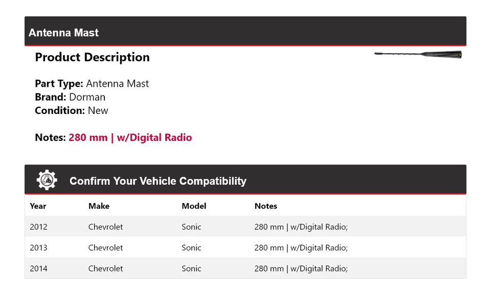 Mastro de antena Chevrolet Sonic Dorman 2013 para 2012-2014 - Imagem 2 de 4