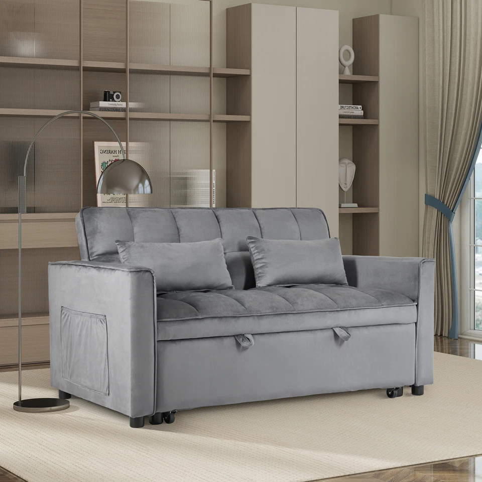 Soft Velvet High Density Foam Sofa Bed Pull Out Couch Bed Metal Frame Wood Leg - Image 4 of 4