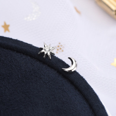 925 Sterling Silver Moon Star Tiny Asymmetric 5mm CZ Stud Earrings Gift AJ