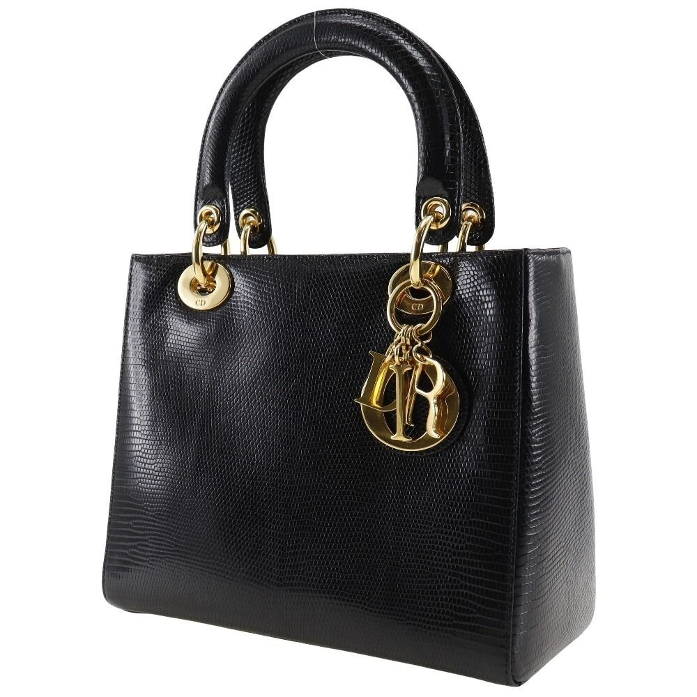 Sac à main Christian Dior Lady Dior lézard noir or quincaillerie femme authentique