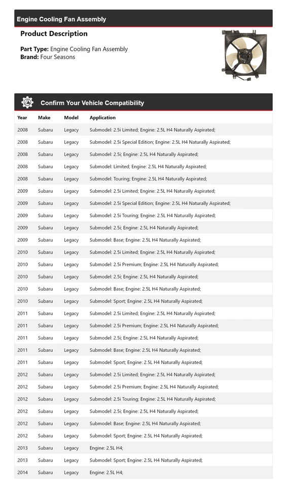 Вентилятор охлаждения двигателя в сборе для Subaru Legacy 2008-2014 годов выпуска 4 сезона 2009 2010 2011 годов выпуска - Изображение 2 из 4