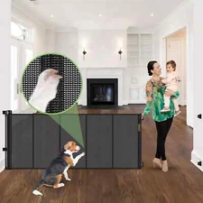 New-96 Inch Wide Reinforced Retractable Baby Gate with Support Rods, Extra Long