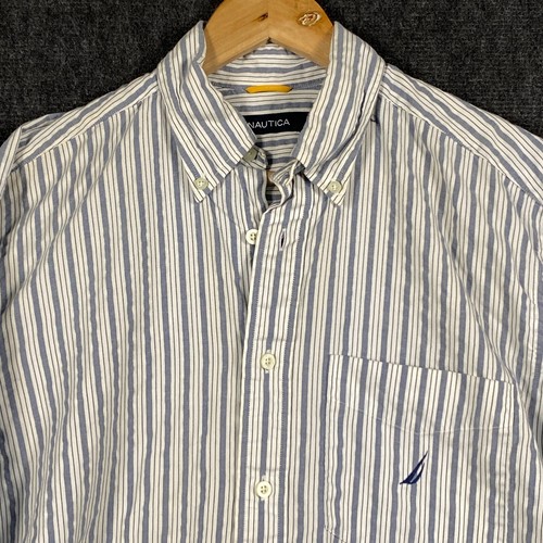 Nautica Mens Size Medium Long Sleeve Button Down Shirt Grey Blue Vertical Stripe - Picture 2 of 13