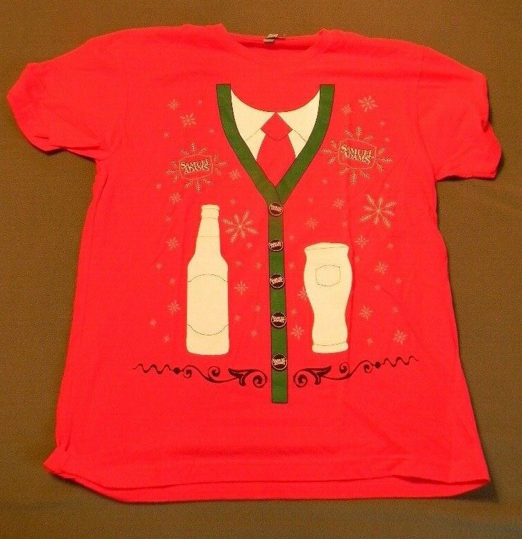 NEW SAMUEL ADAMS BEER CHRISTMAS UGLY SWEATER LOOK T SHIRT SIZE L BOTTLE CAPS