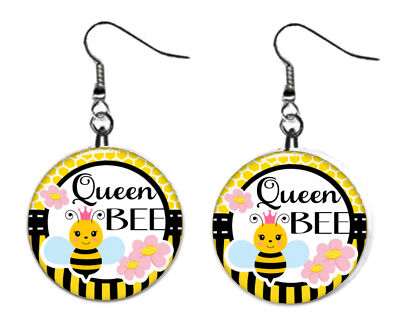 Queen Bee Bumble Bee Button Earrings Jewelry 1'' Dangle MADE IN USA NEW