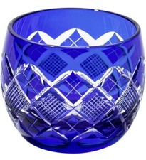 Japanese Collectible Edo Kiriko Cut Glass blue Sake Cup Made in Japan in box