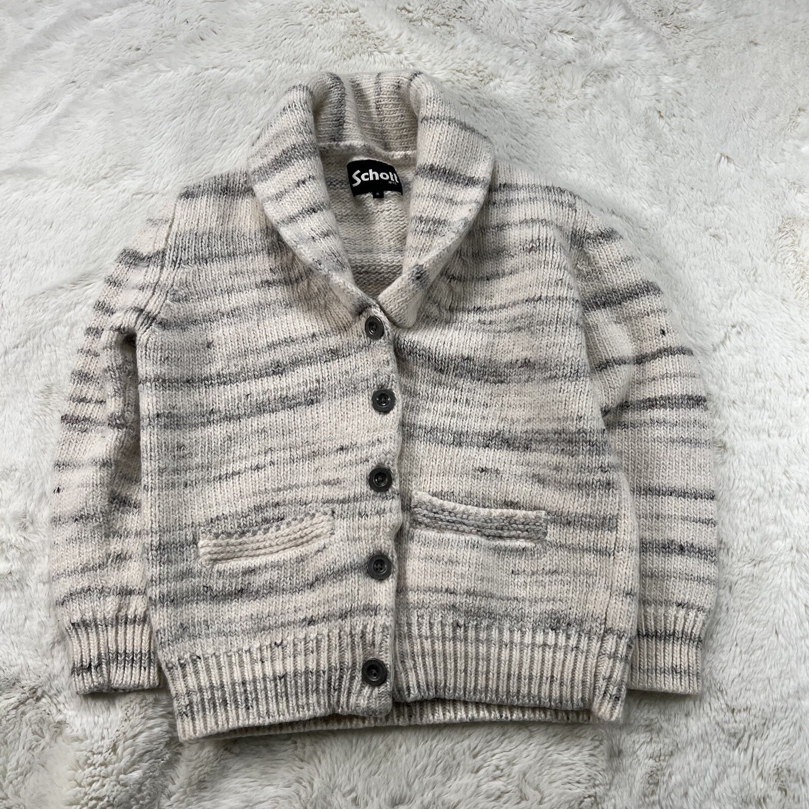 Schott NYC Kids Youth Wool Blend Shawl Cardigan Sweater Size Small Beige Black