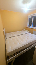 White Wooden Single Bed Frame with Pull-Out Trundle Guest Bed + 2 Mattresses